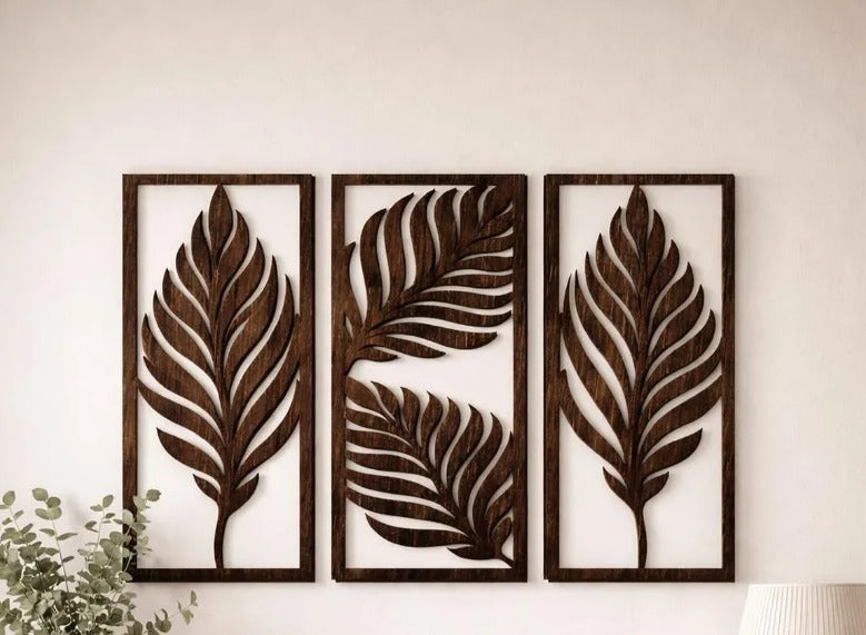 Tropical Leaf Triptych Wall Art – Set of 3 Wooden Panels