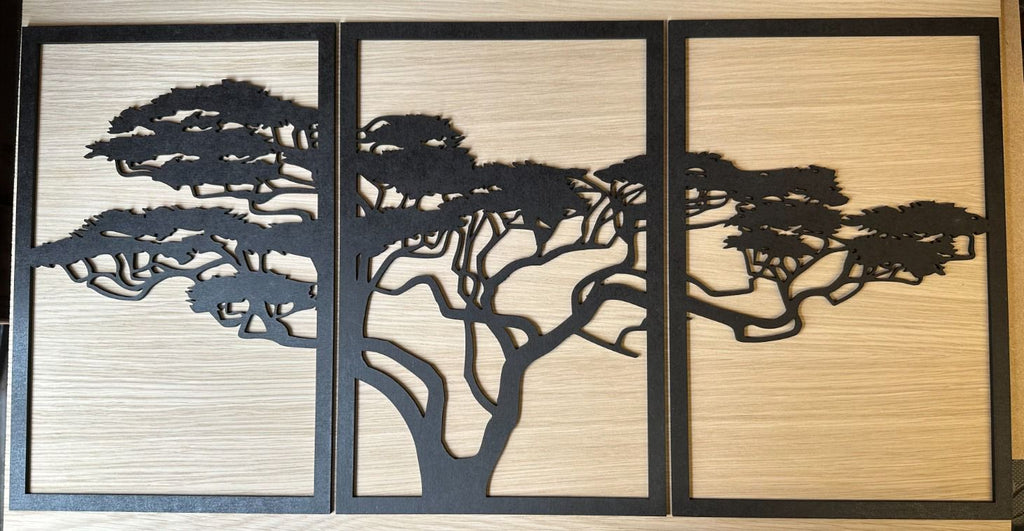 Tree Silhouette Wooden Wall Art Set of 3 Panels – Laser Cut Black Wood
