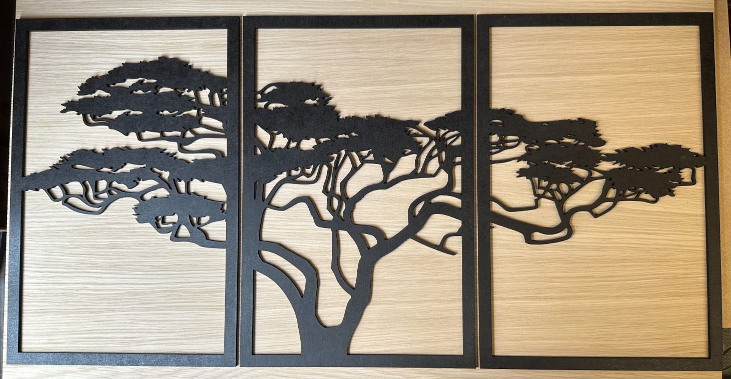 Tree Silhouette Wooden Wall Art Set of 3 Panels – Laser Cut Black Wood