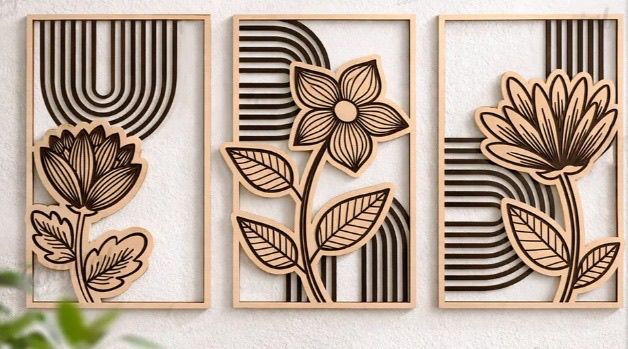 Botanical Wooden Wall Art Decor Set of 3 Panels – Laser Engraved Floral Design