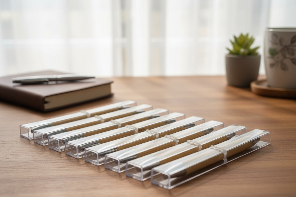 Bamboo Pens in Acrylic Box – Warm Office Setting