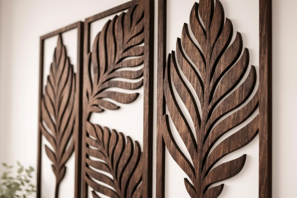 Close-up detail wooden leaf wall art