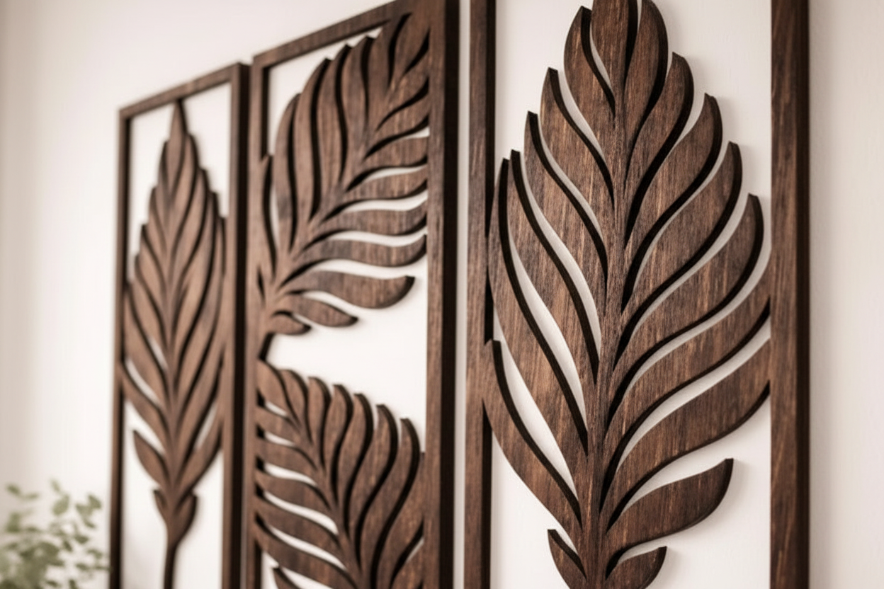 Close-up detail wooden leaf wall art