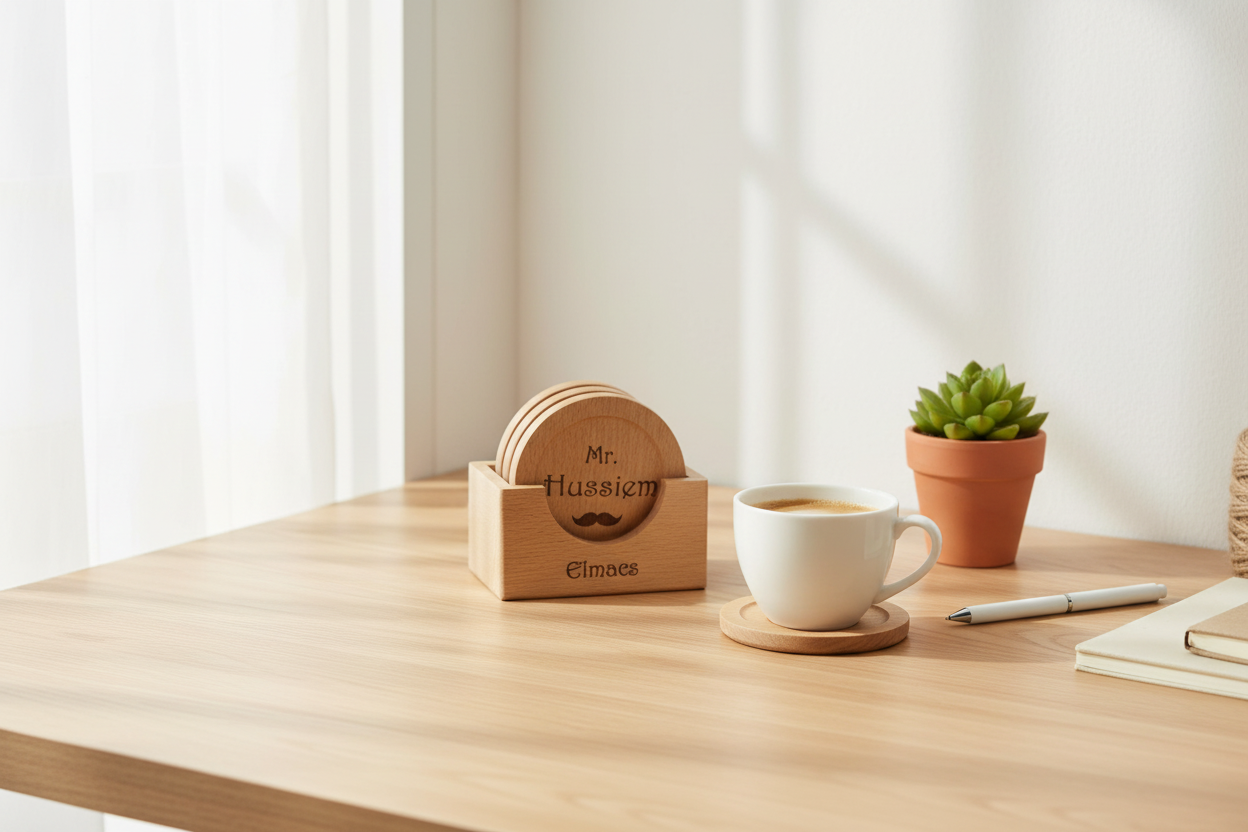 Eco-Friendly Office Desk Setup with Wooden Coasters