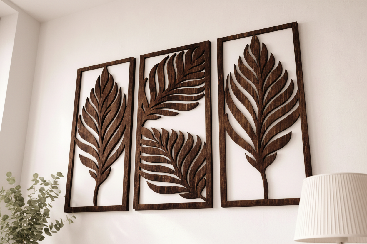 Low angle wooden leaf wall art triptych