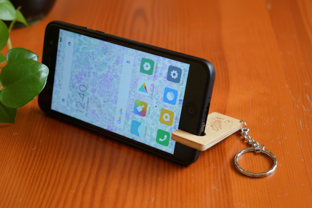 Wooden Keychain Stand with Black Smartphone